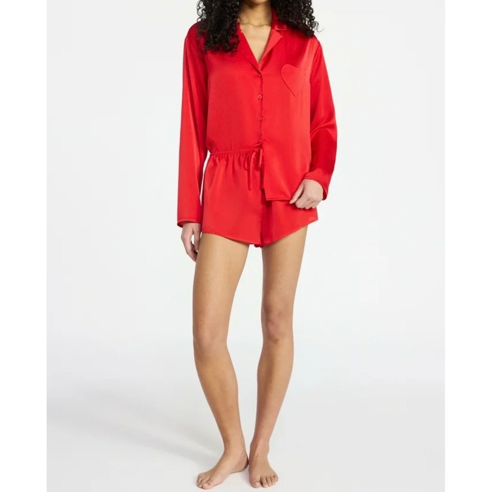 NEW No Boundaries Red Satin Heart Pocket Pajama Set 2 Piece Plus XXL 20 2X NWT